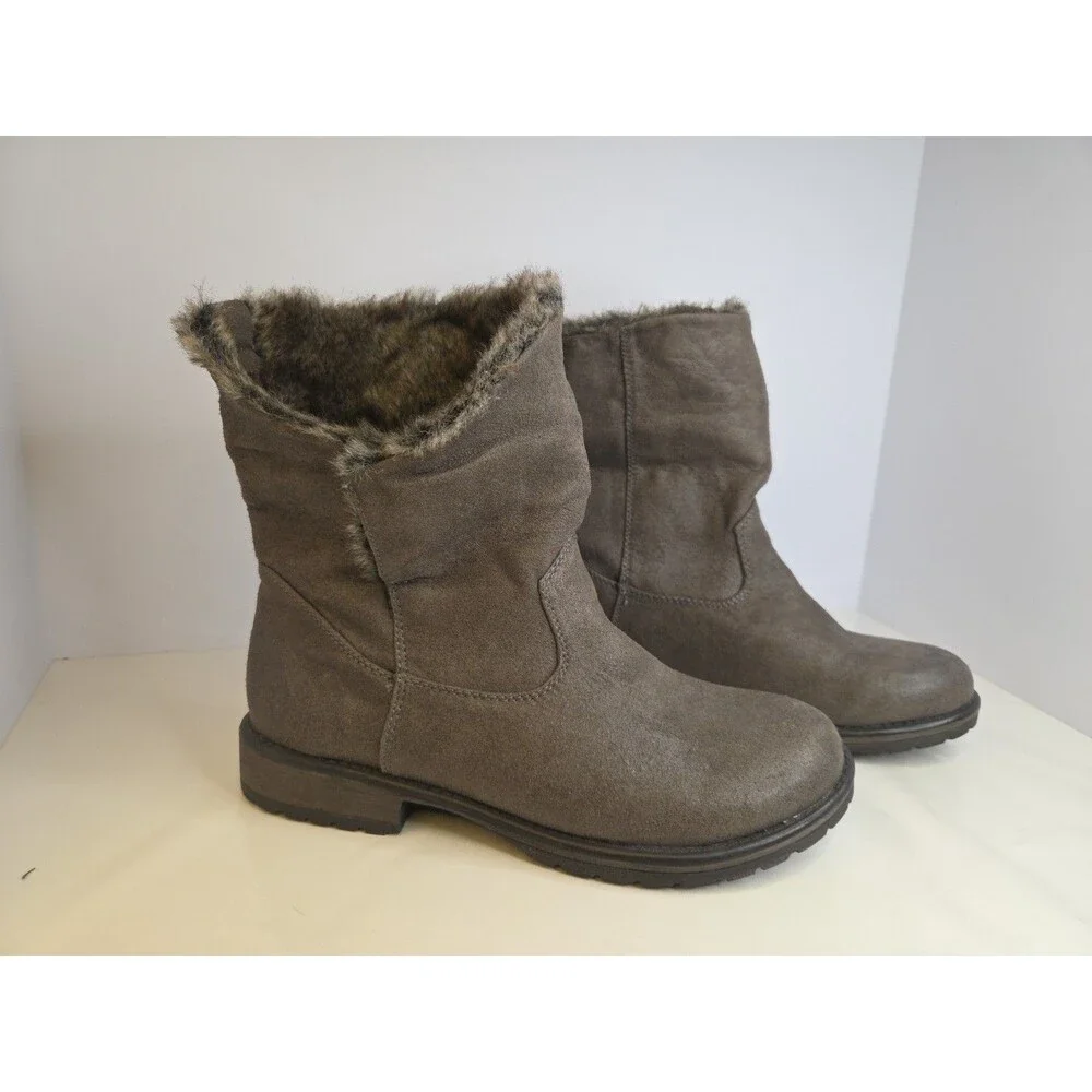 Candie's Cahoot Gray Boots Brown Faux Rabbit Fur Lined Fold Down Cuff Snaps 9.5
